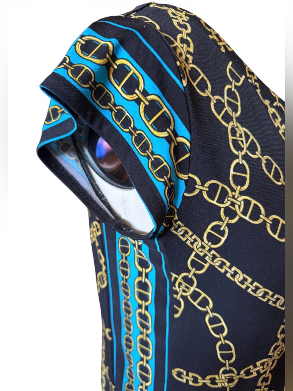 Michael Kors Black & Gold Chain-Print Cap-Sleeve Mini Dress with Teal Trim - Picture 5 of 8